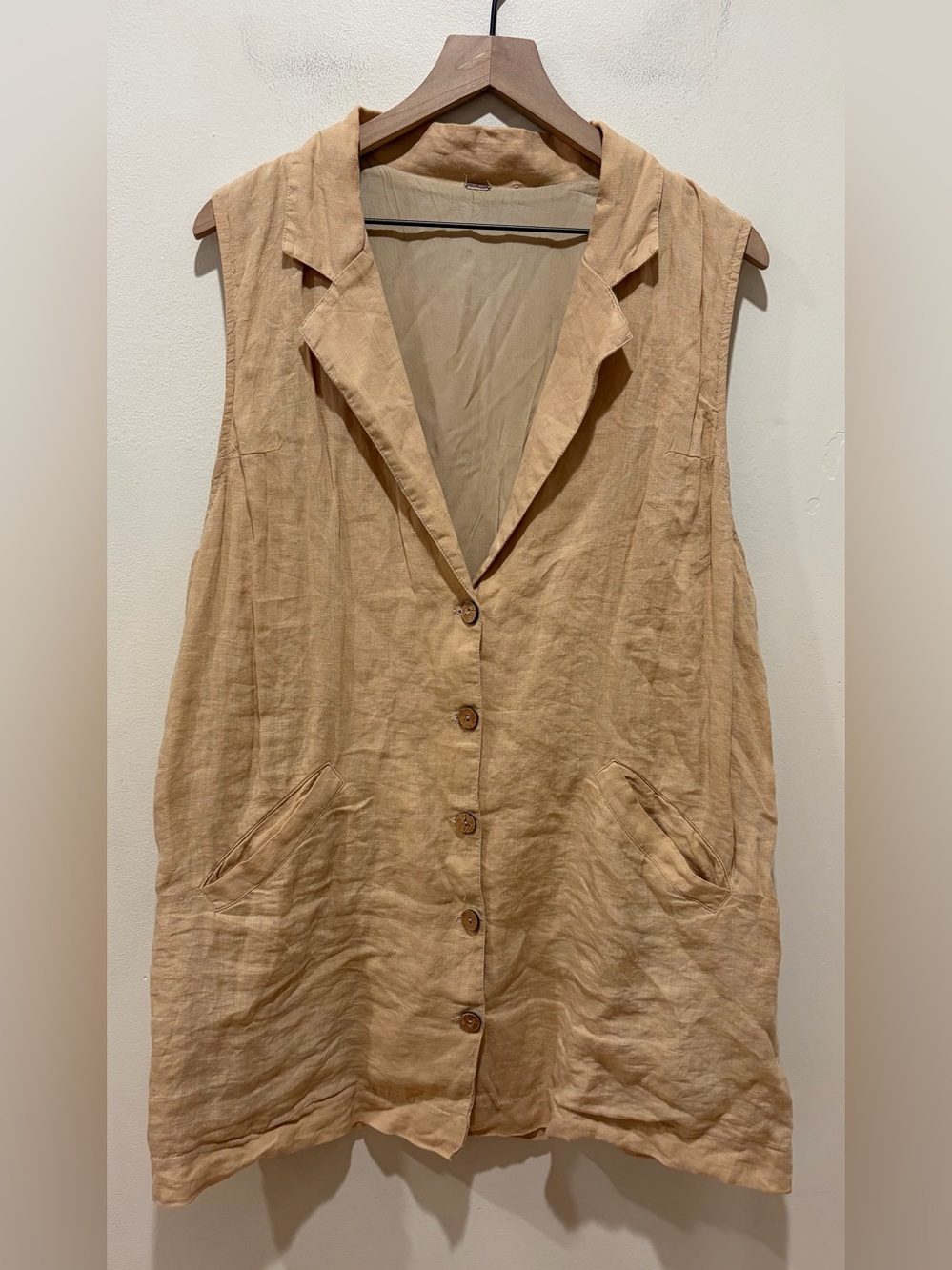 Free People The Nue Mini Dress 100% Linen Beige Light Tan Vest Style Size Large